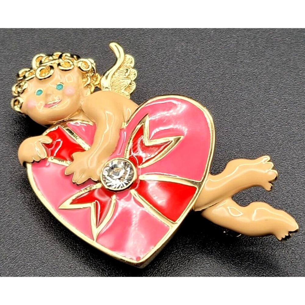 BOB MACKIE VALENTINE‎ CUPID HEART ENAMEL BROOCH PIN SIGNED GOLD TONE